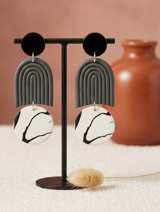 NKULTD Jewelry - Polymer Clay Arch Statement Drop Earrings Modern Boho Black White Sterling Posts